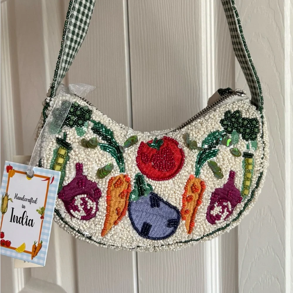 Beaded Vegetable Small Crescent Shoulder Bag Handcrafted In India - Picture 6 of 8